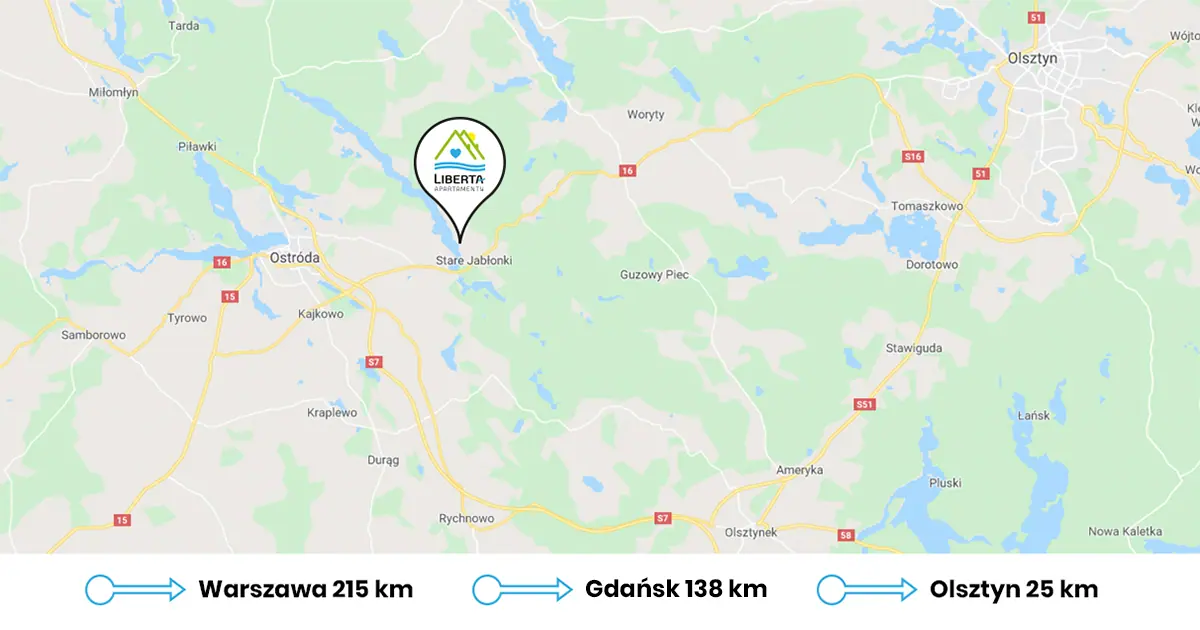 Mapa dojazdu do Apartamentów Liberta na Mazurach