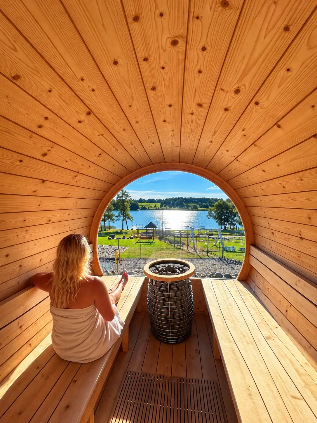 Sauna beczkowa od środka, widok na pomost i jezioro